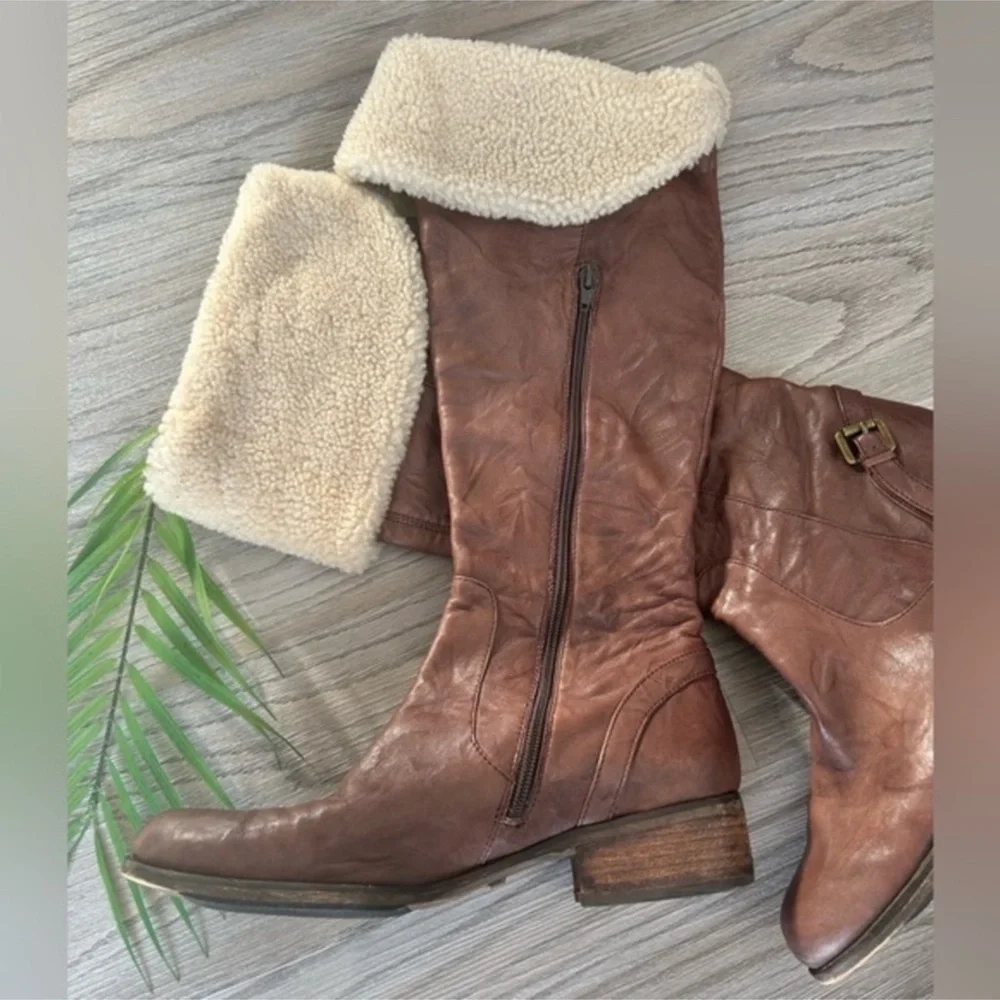 ✨Sam Edelman Kara Brown Tall Leather Boots with Cream Fur Lining worn 5x